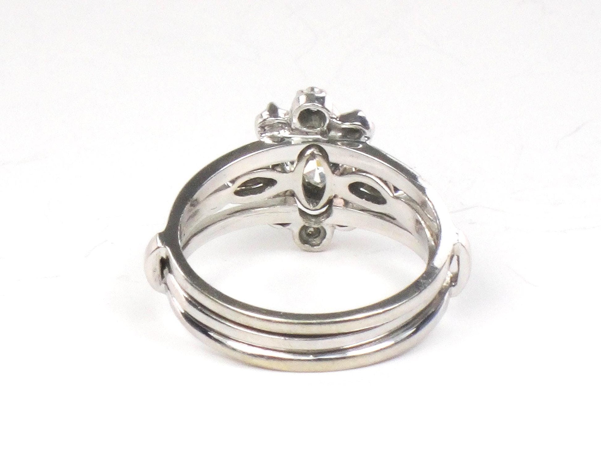 Vintage Marquise Diamond Engagement Ring Set: 14k White Gold, Insert Wedding Band, Size 5.75