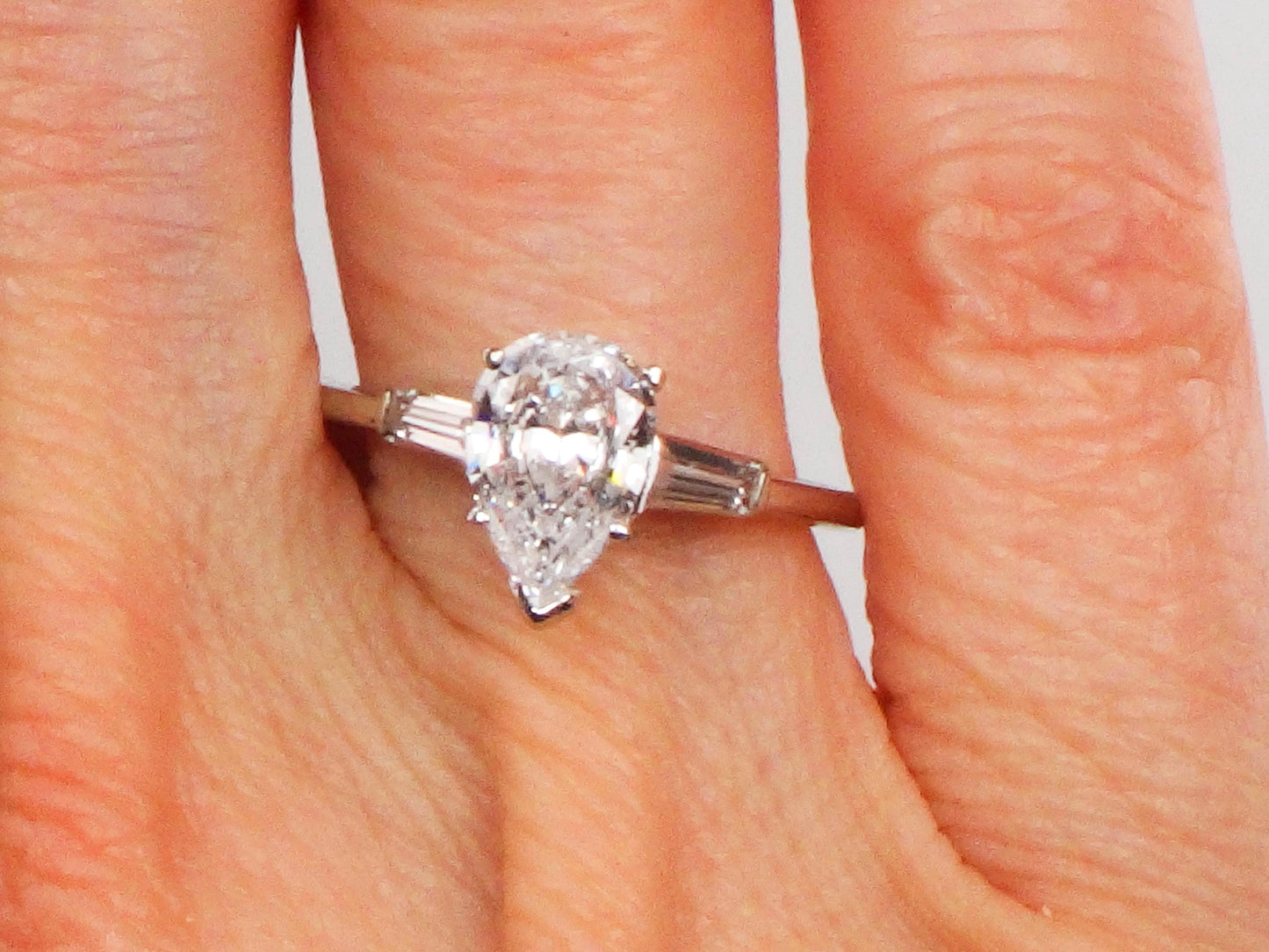 14k Pear Cut Cubic Zirconia Engagement Ring with Sapphire Baguettes - White Gold Vintage Fine Jewelry - Size 6.25