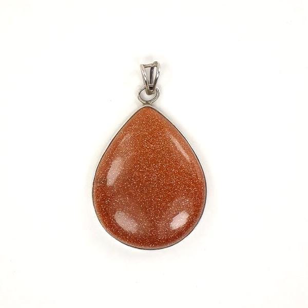Large Sterling Silver Teardrop Shaped Goldstone Pendant - Vintage Fine Jewelry