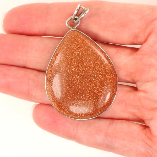 Vintage Large Sterling Silver Teardrop Shaped Goldstone Pendant