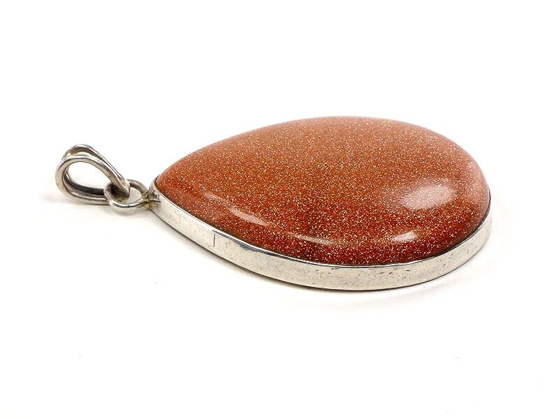 Large Sterling Silver Teardrop Shaped Goldstone Pendant - Vintage Fine Jewelry