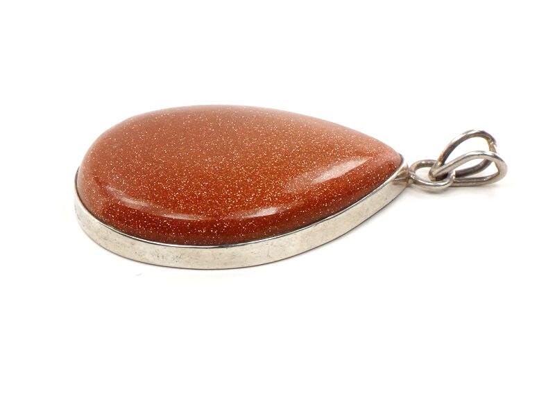 Large Sterling Silver Teardrop Shaped Goldstone Pendant - Vintage Fine Jewelry