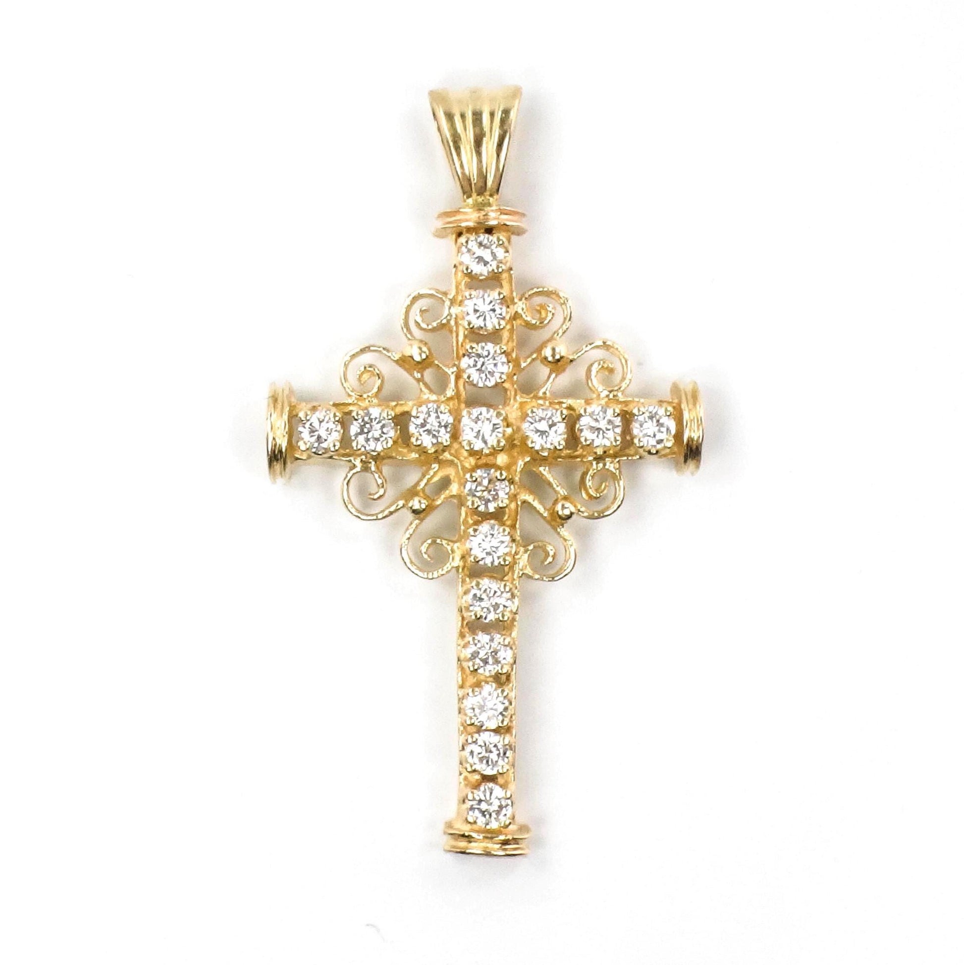 Vintage Large 14k Yellow Gold Natural Diamond Cross Pendant Approximately 1 Carat TDW