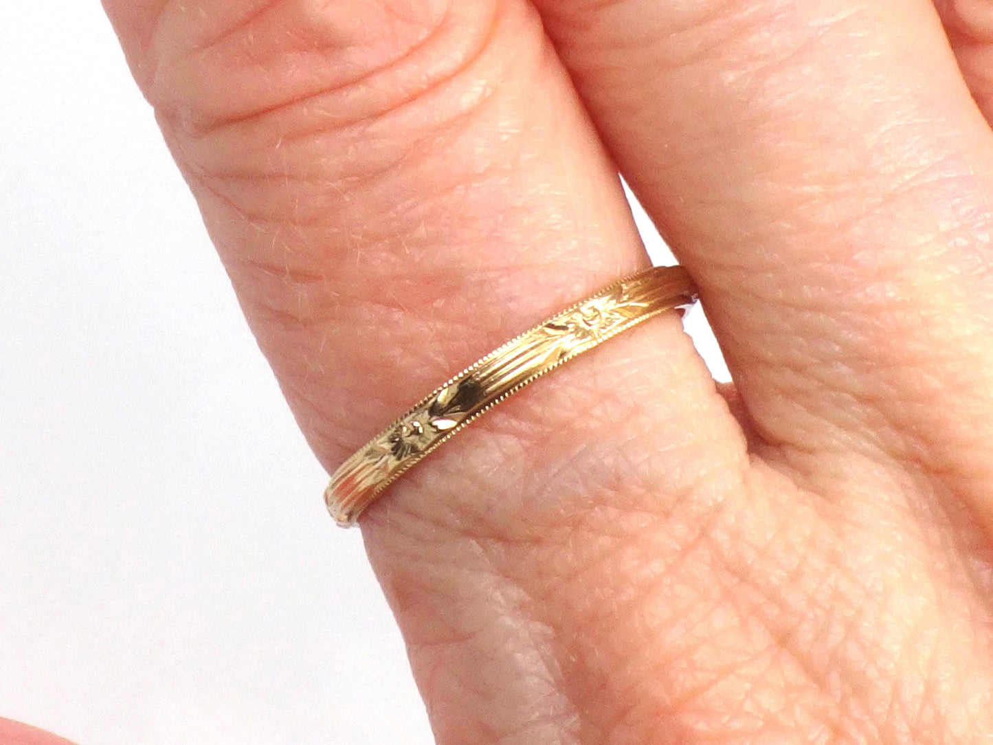 Thin 14k Floral Wedding Band - Art Deco Yellow Gold Orange Blossom Engraved Ring - Vintage Stacking Style - Size 7.5 - Circa 1940