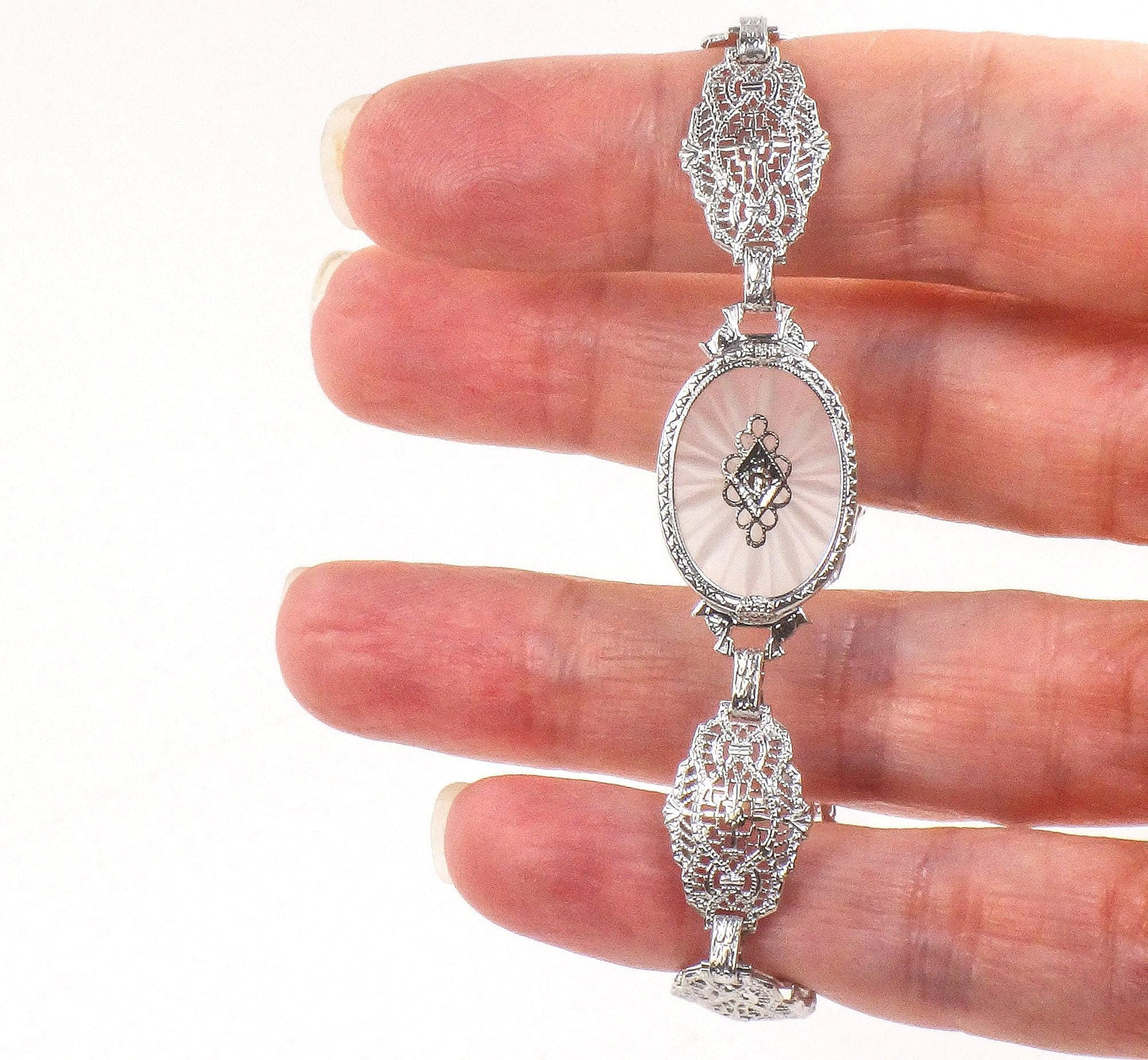 Art Deco Rock Crystal Quartz Diamond Bracelet: 14k White Gold Filigree, 6.5" Bridal Jewelry