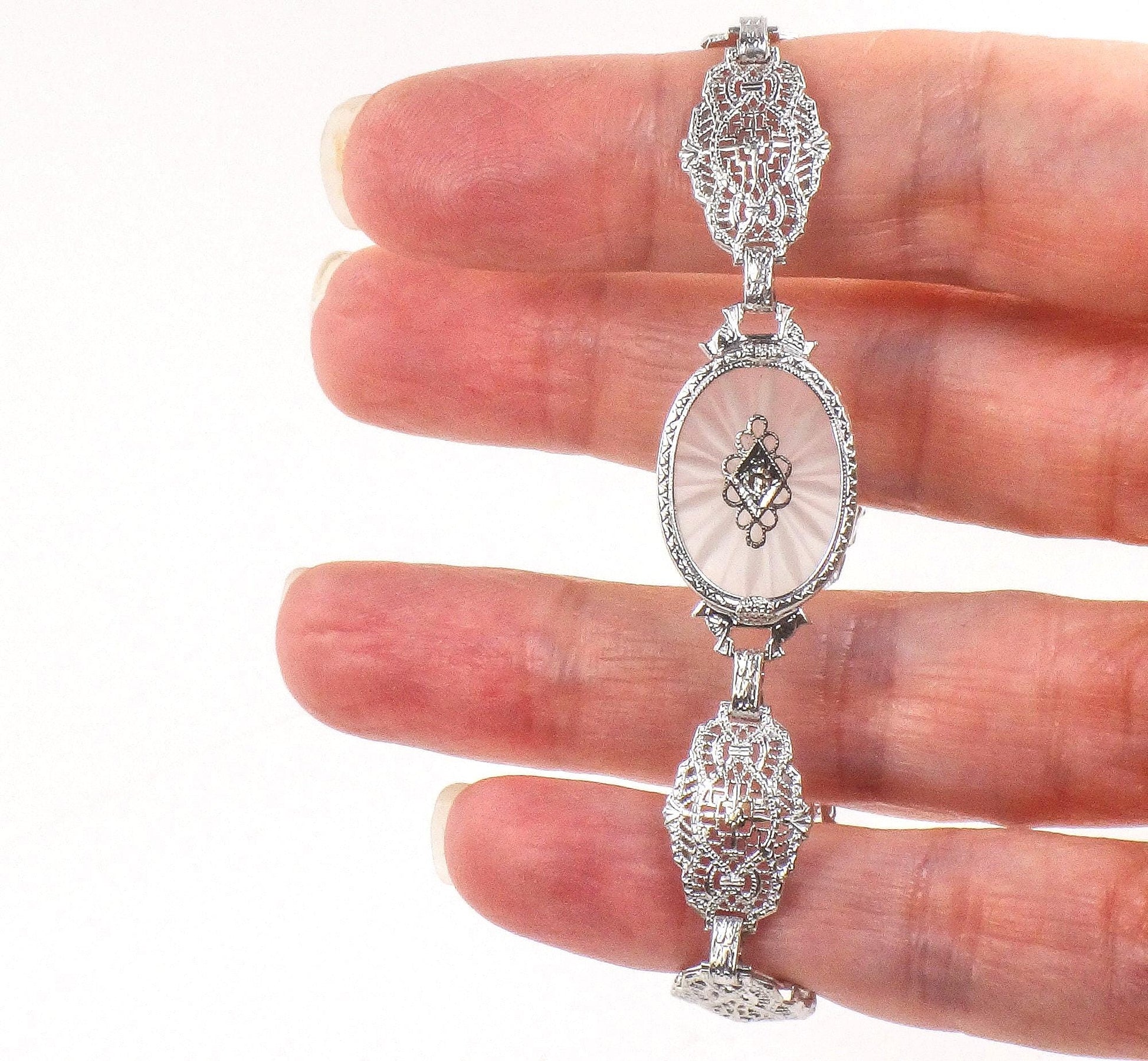 Art Deco Rock Crystal Quartz Diamond Bracelet: 14k White Gold Filigree, 6.5" Bridal Jewelry