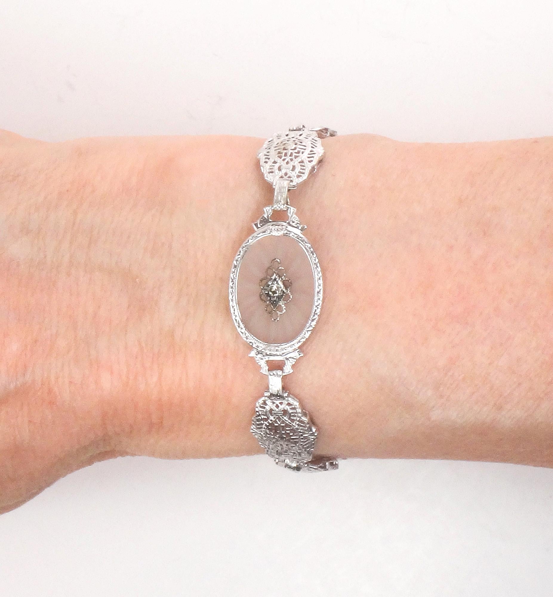 Art Deco Rock Crystal Quartz Diamond Bracelet: 14k White Gold Filigree, 6.5" Bridal Jewelry