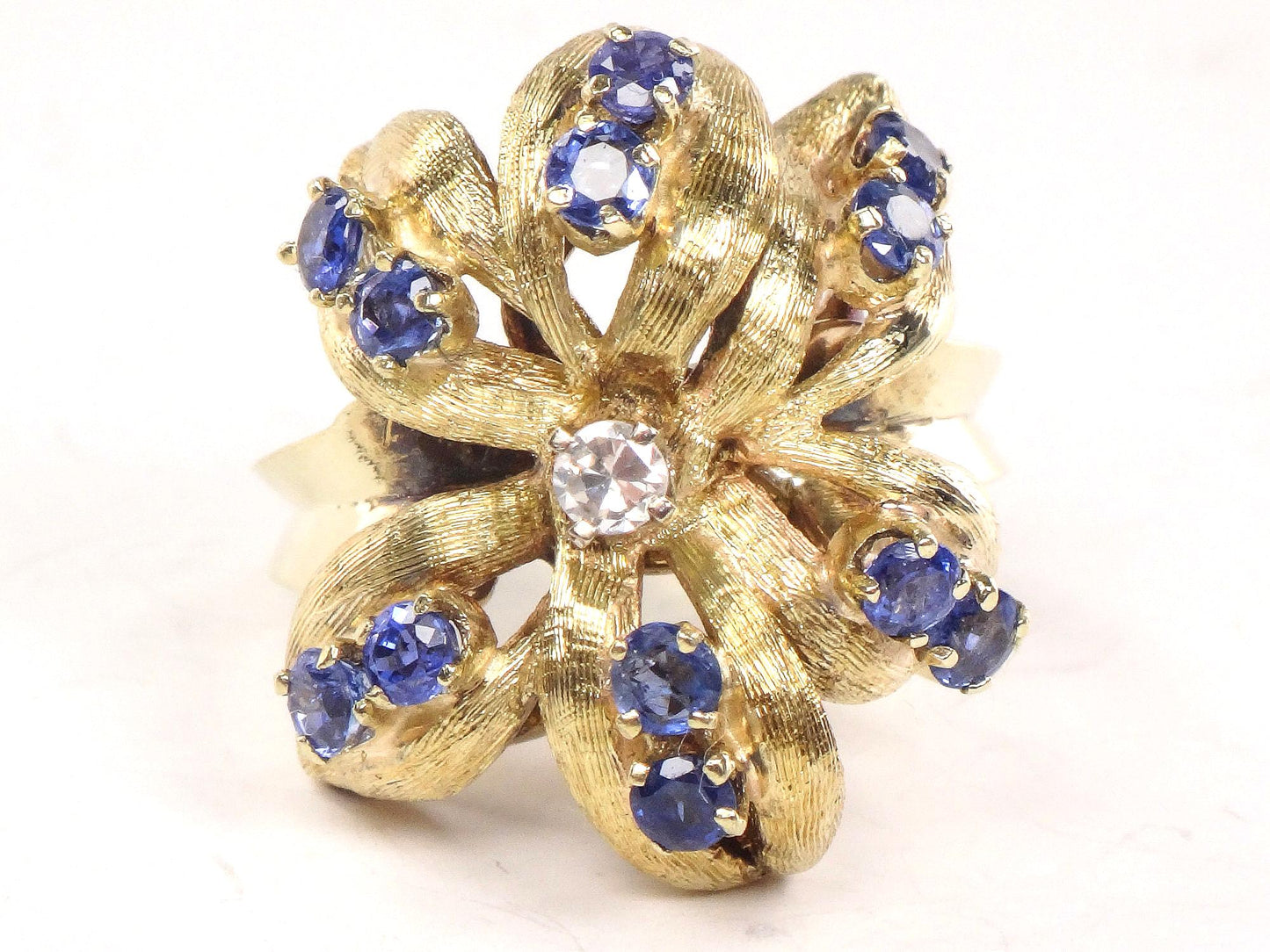 Vintage 14k Gold Sapphire Flower Ring: Diamond Center, Size 5.75