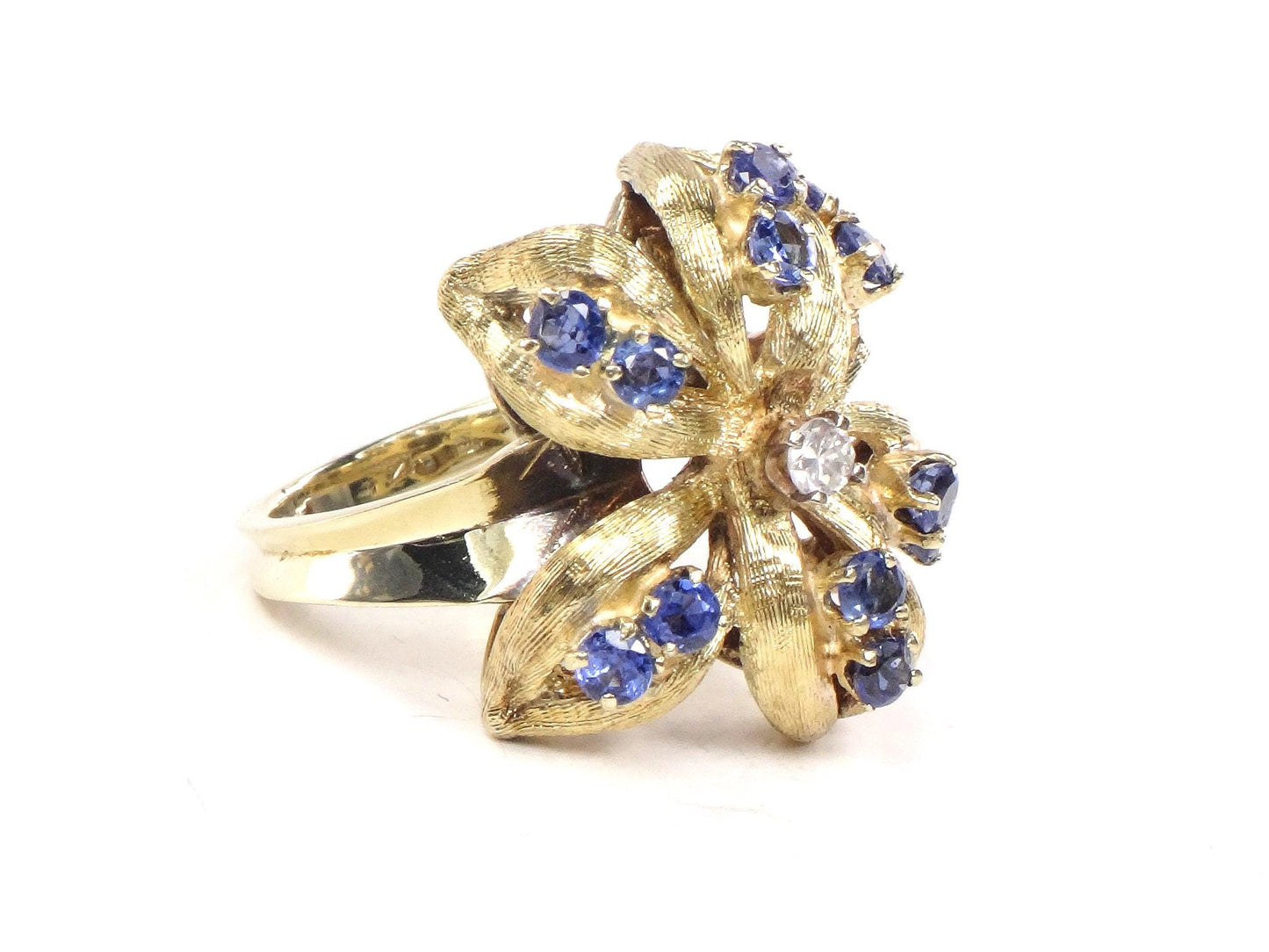 Vintage 14k Gold Natural Blue Sapphire and Diamond Ring, Large Yellow Gold Flower Ring, Size 5.75