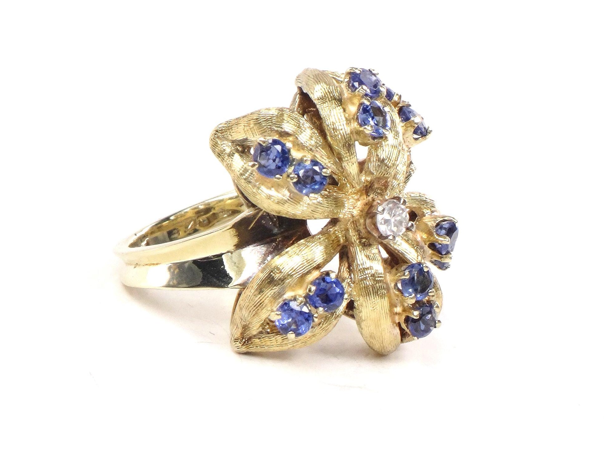 Vintage 14k Gold Sapphire Flower Ring: Diamond Center, Size 5.75