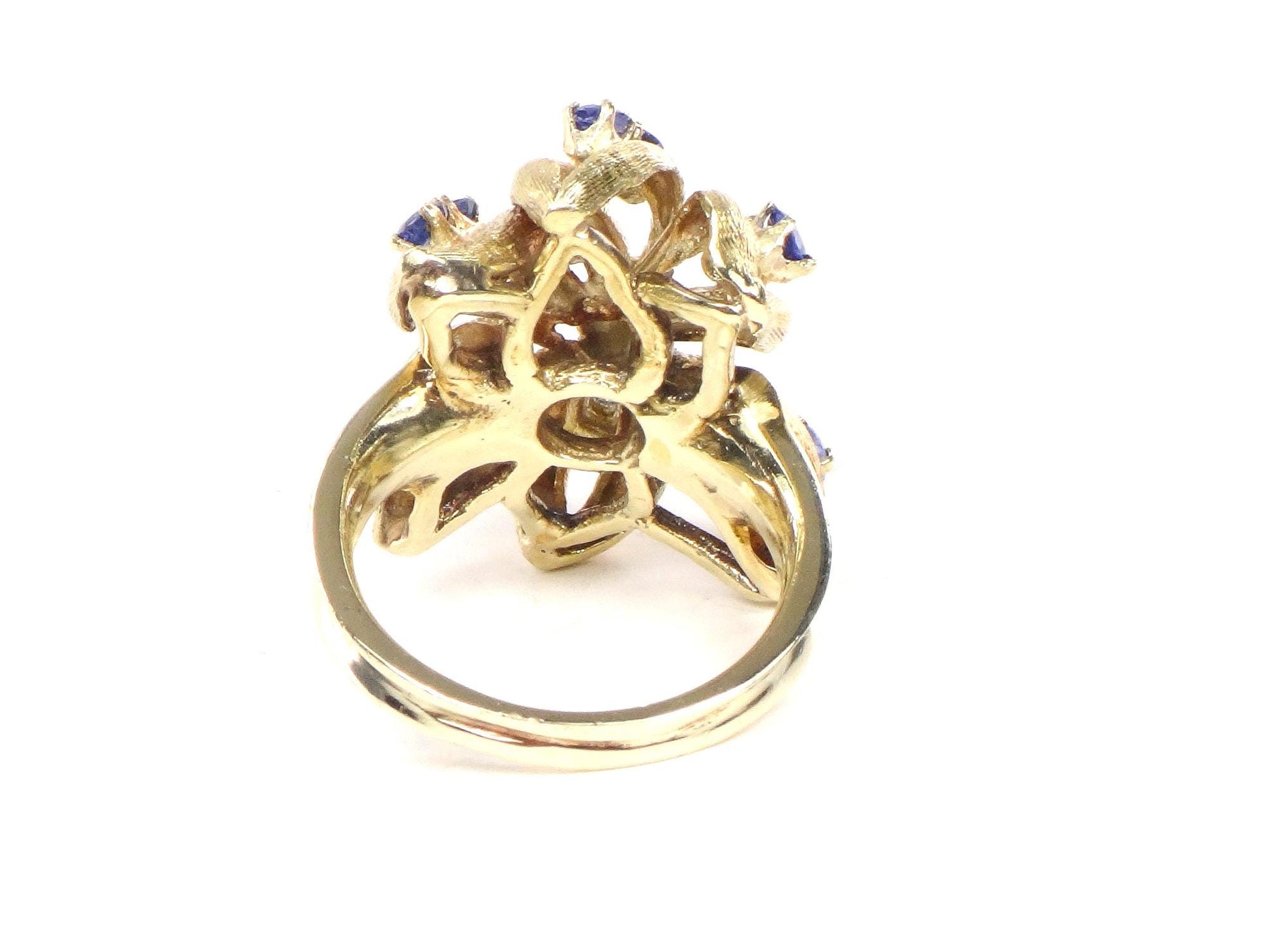 Vintage 14k Gold Sapphire Flower Ring: Diamond Center, Size 5.75
