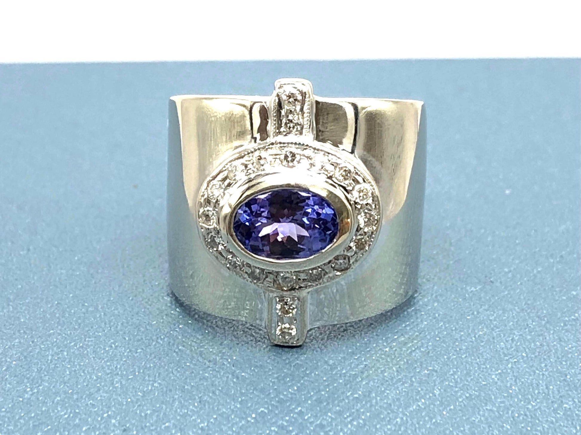Vintage 14k White Gold Tanzanite and Diamond Cigar Band Ring, Wide Everyday Purple Stone Ring, Size 6