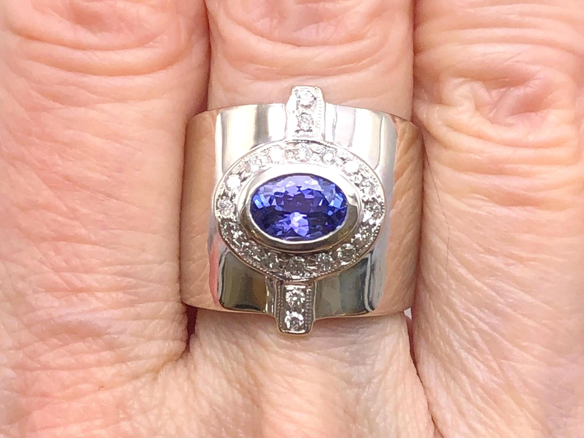 Vintage 14k White Gold Tanzanite and Diamond Cigar Band Ring, Wide Everyday Purple Stone Ring, Size 6
