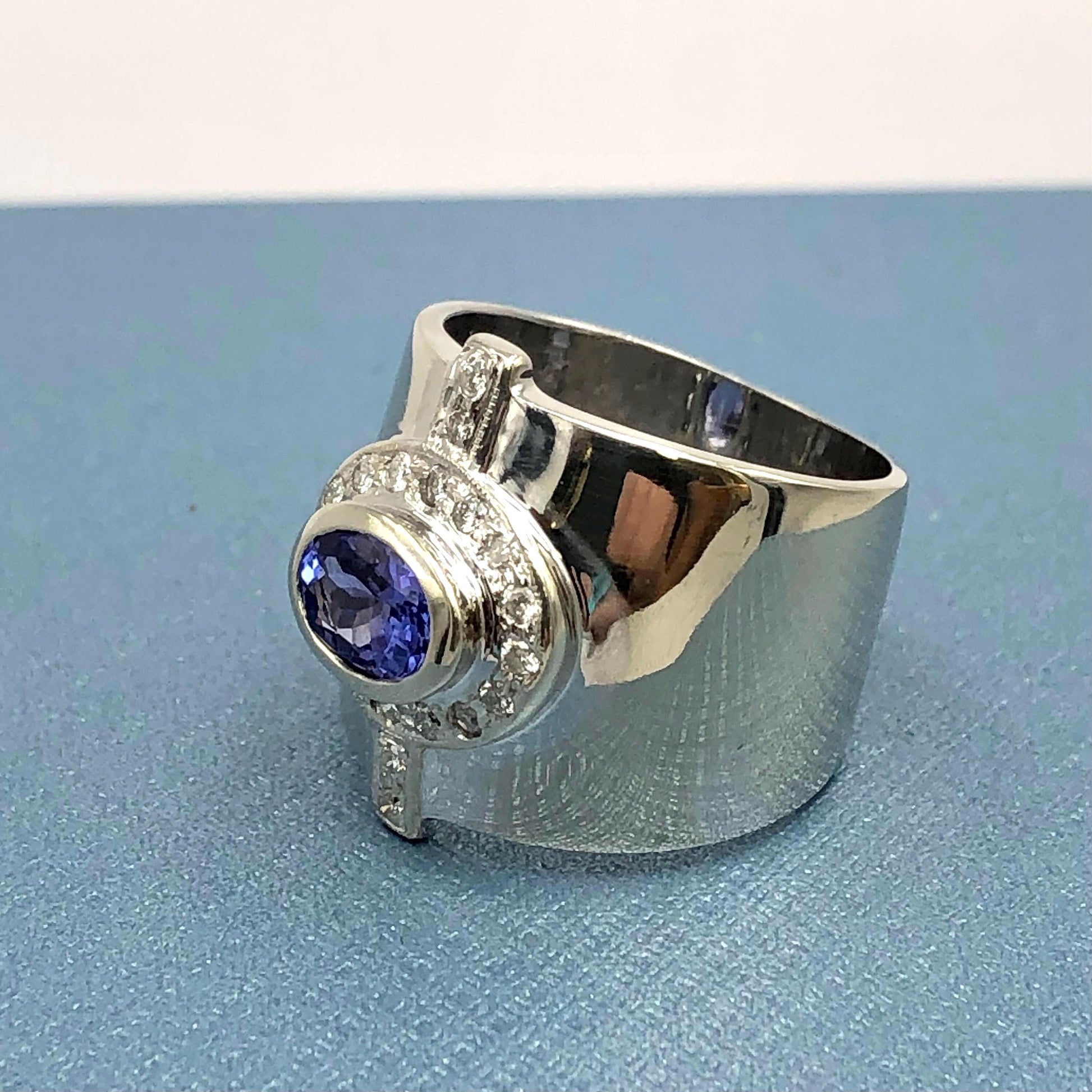 Vintage 14k White Gold Tanzanite and Diamond Cigar Band Ring, Wide Everyday Purple Stone Ring, Size 6
