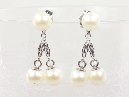 Vintage 14k White Gold Pearl Dangle Earrings, Bridal Fine Jewelry