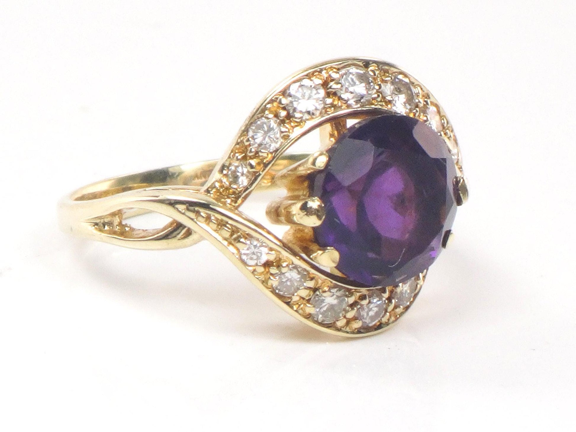 Vintage 14k Gold Natural Amethyst Ring with Diamonds, Purple February Birthstone Ring Size 5