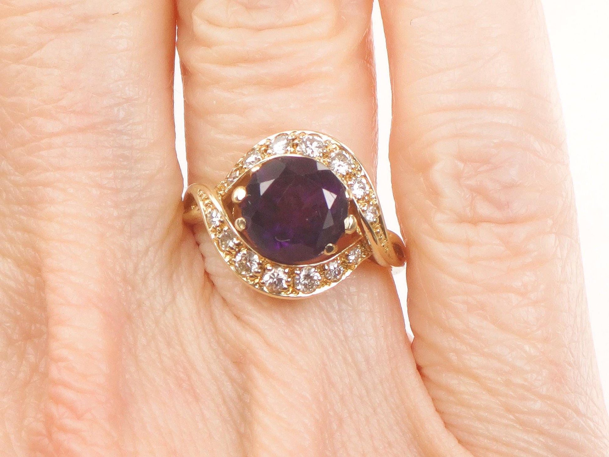 Vintage 14k Gold Natural Amethyst Ring with Diamonds, Purple February Birthstone Ring Size 5