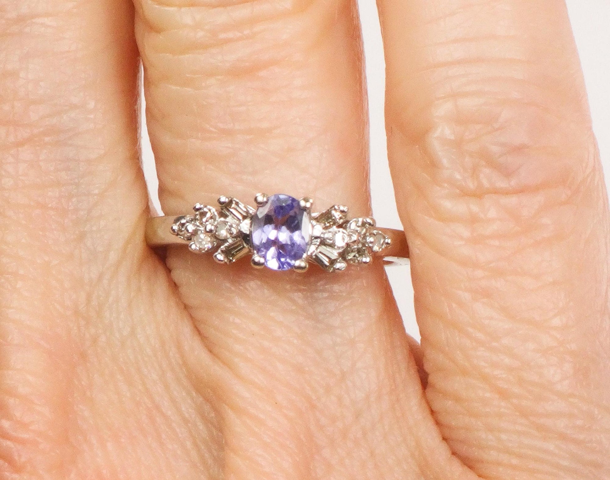 Vintage 10k White Gold Tanzanite and Natural Diamond Ring, Purple Stone Ring