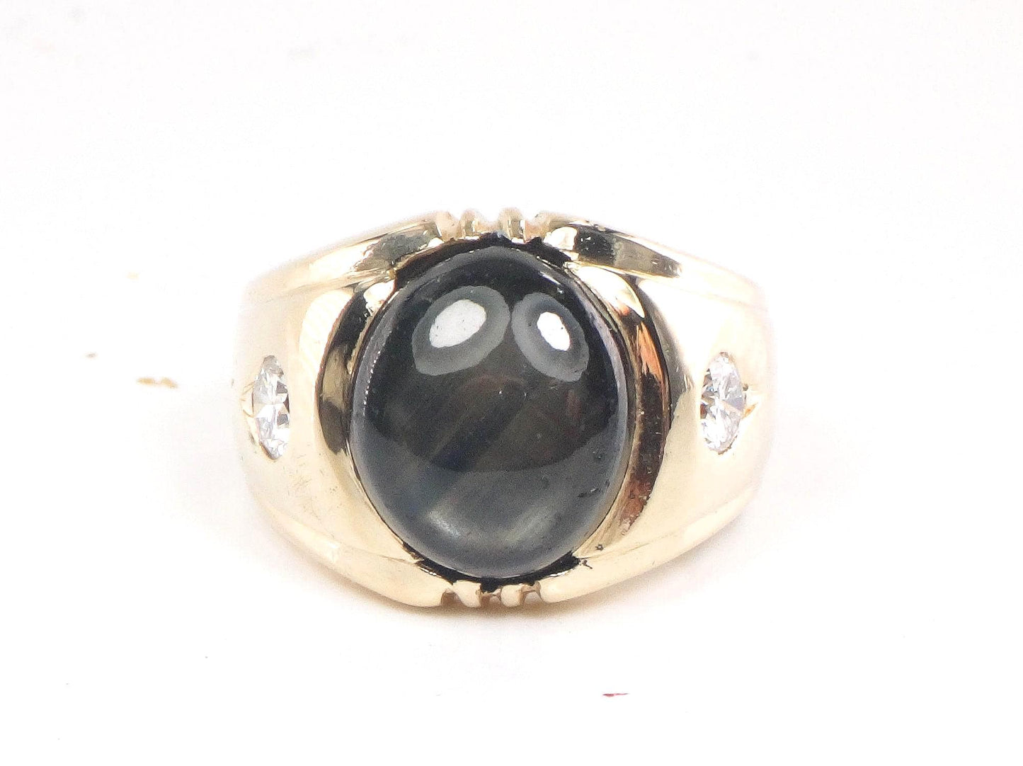 Vintage 14k Gold Natural Black Star Sapphire and Diamond Ring, Yellow Gold Unisex Ring Size 6.5