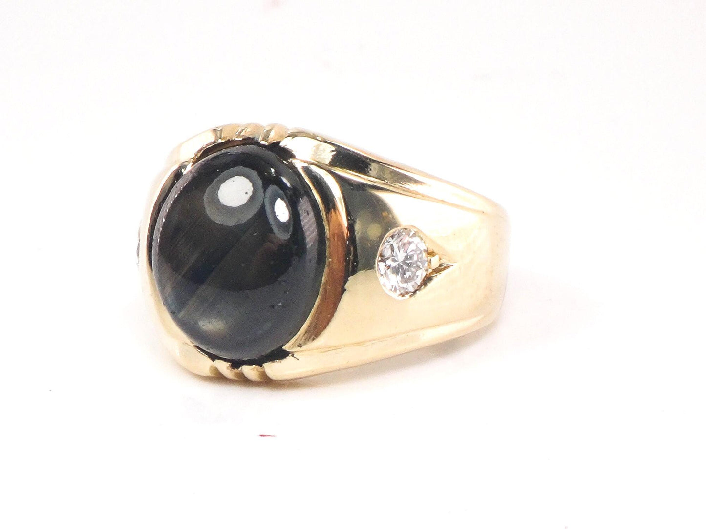 Vintage 14k Gold Natural Black Star Sapphire and Diamond Ring, Yellow Gold Unisex Ring Size 6.5