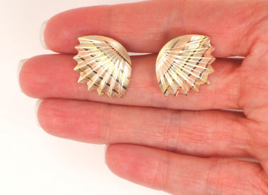 Vintage 14k Tri-Color Gold Fan Earrings: Striped Design, 1990s
