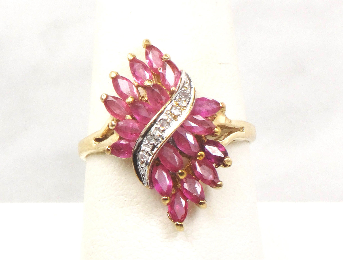 Vintage 10k Natural Ruby and Diamond Ring, Solid Gold Samuel Aaron Red Stone Ring, July Birthstone Cluster Ring Size 8.75