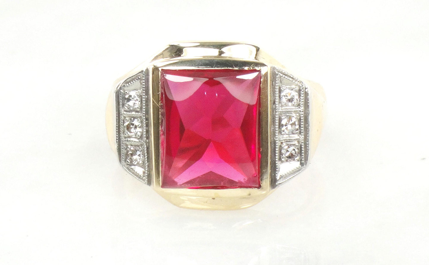 Vintage 14k Yellow Gold Ruby and Diamond Ring Solid Gold Men's July Birthstone Ring Size 9.75