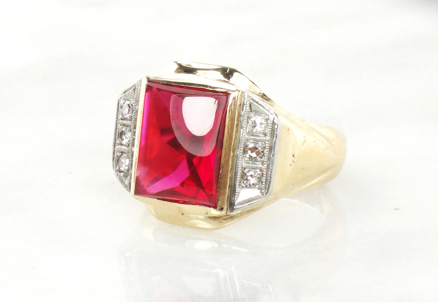 Vintage 14k Yellow Gold Ruby and Diamond Ring Solid Gold Men's July Birthstone Ring Size 9.75