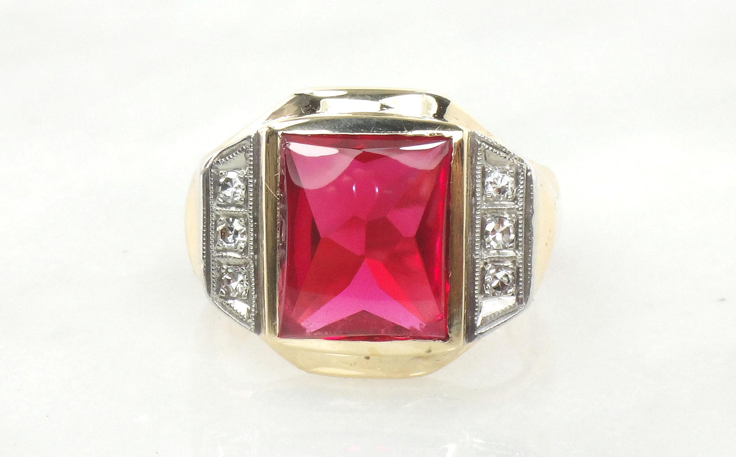 Vintage 14k Yellow Gold Ruby and Diamond Ring Solid Gold Men's July Birthstone Ring Size 9.75