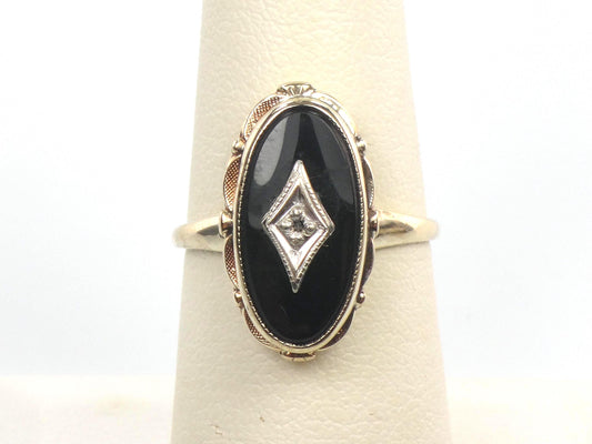 Vintage 10k Two Tone Gold Onyx Diamond Ring: Retro Style, Size 6.5