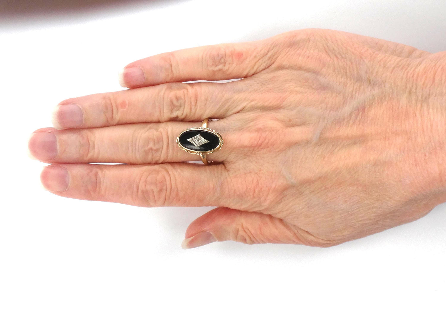 Vintage 10k Two Tone Gold Onyx Diamond Ring: Retro Style, Size 6.5