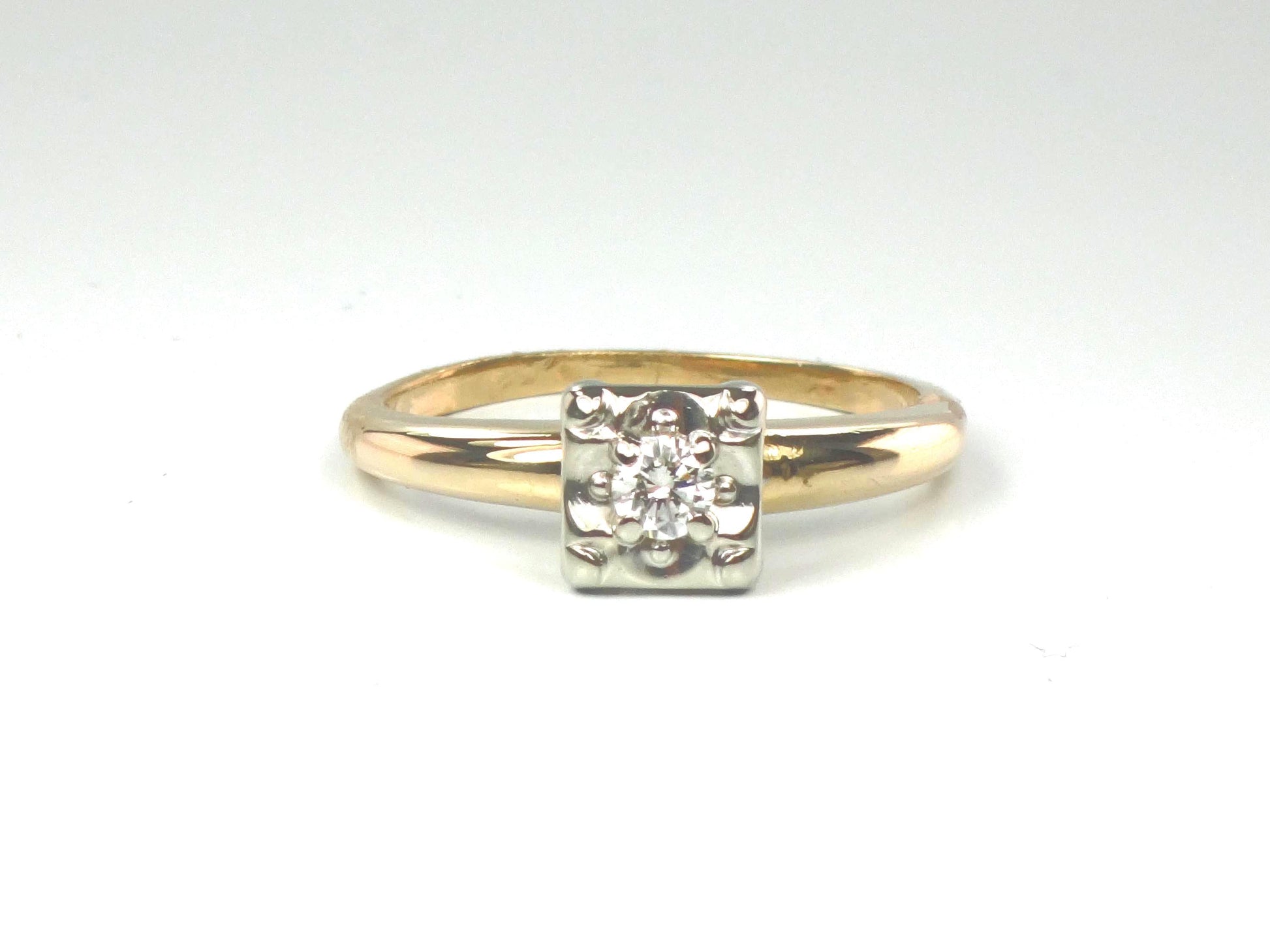 Vintage 14k Gold Round Natural Diamond Engagement Ring - Two Tone Orange Blossom Style - Size 5.75