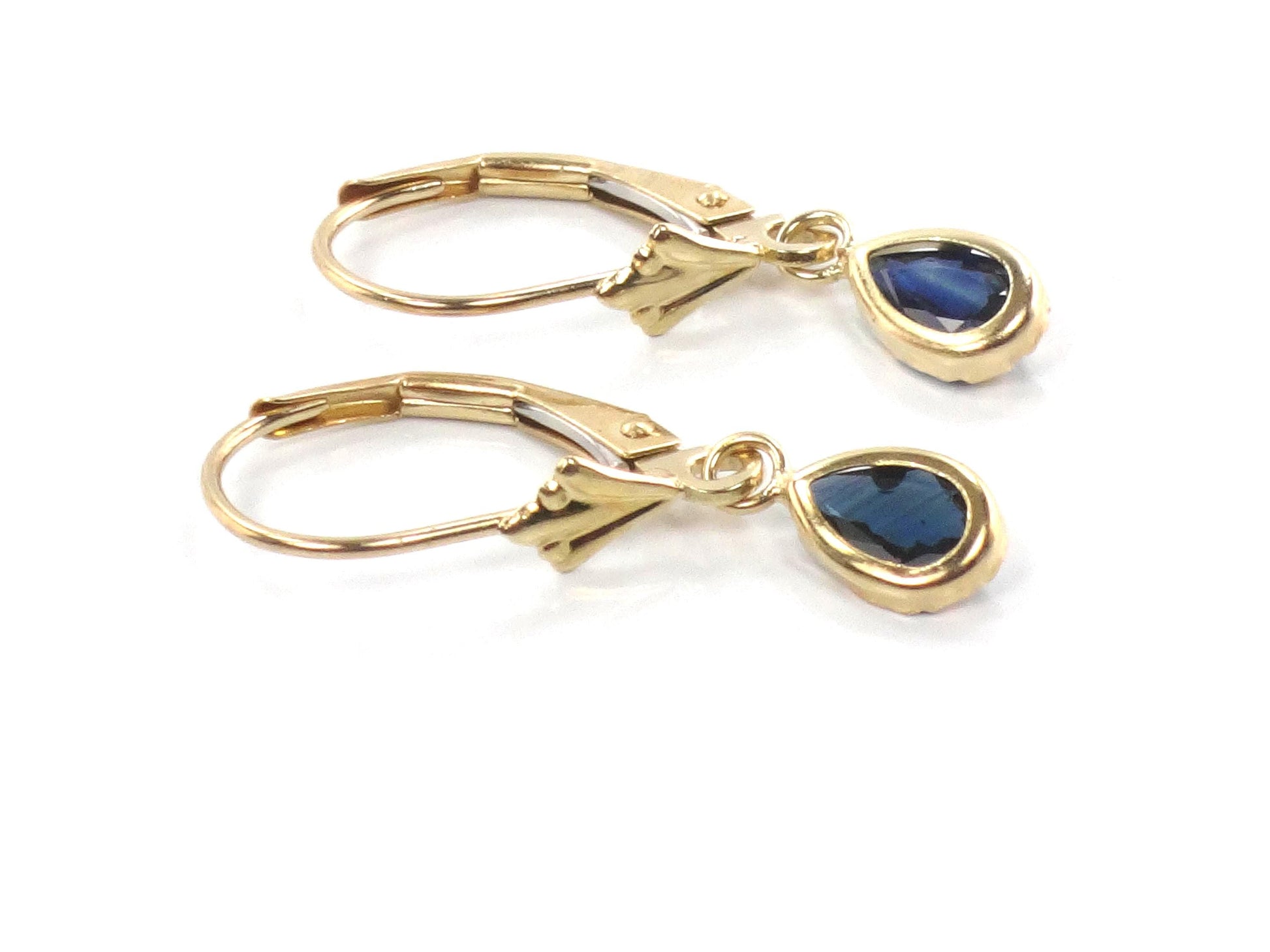 Vintage Dainty 14k Gold Blue Sapphire Dangle Earrings with Lever Backs
