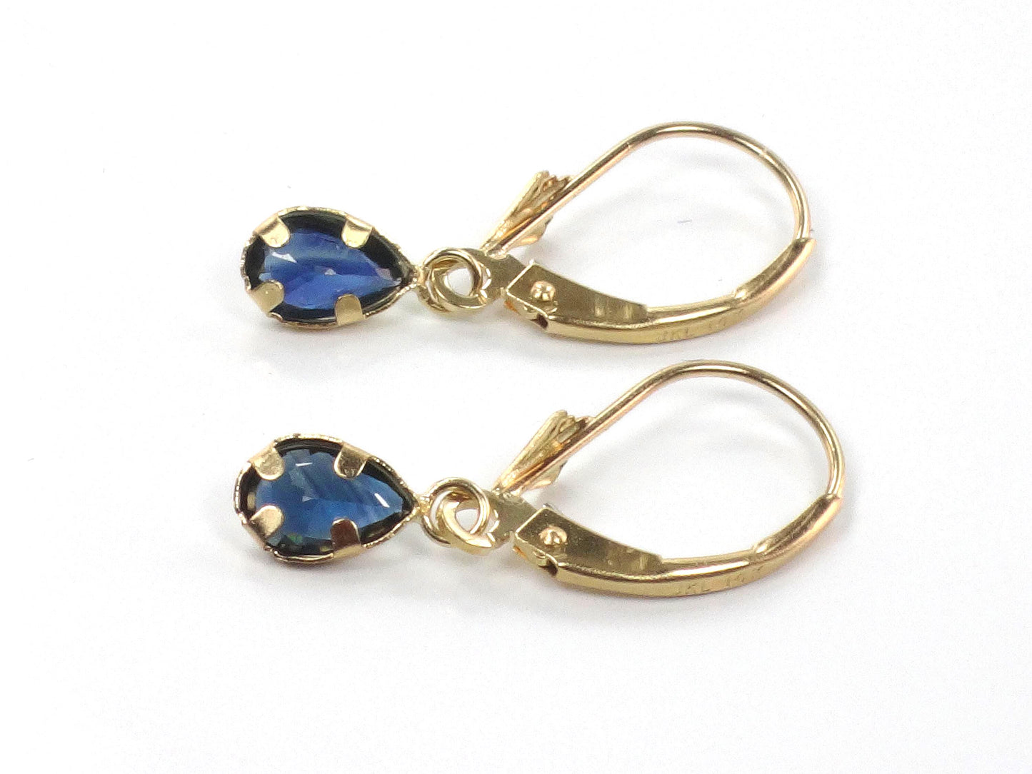 Vintage Dainty 14k Gold Blue Sapphire Dangle Earrings with Lever Backs