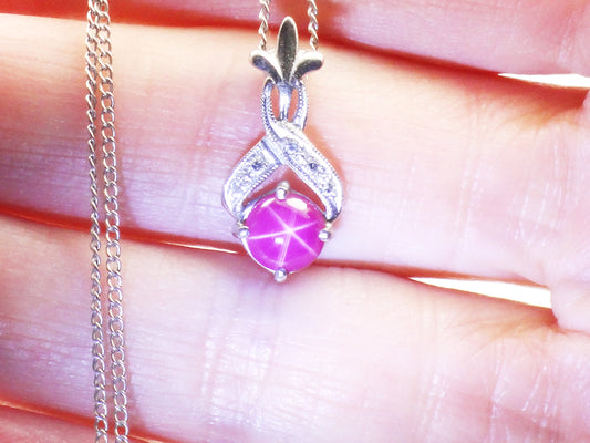 Vintage 14k White Gold Star Ruby and Diamond Pendant Necklace, Red July Birthstone, 15.25"