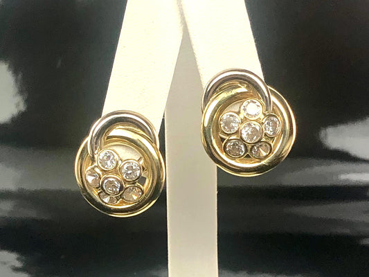 Vintage 18k Two Tone Gold Cubic Zirconia Stud Earrings, Large Floral CZ Studs