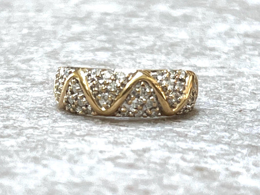 Vintage 14k Gold Diamond Zig Zag Band Ring: Pave Set Wedding Ring, Size 6.25
