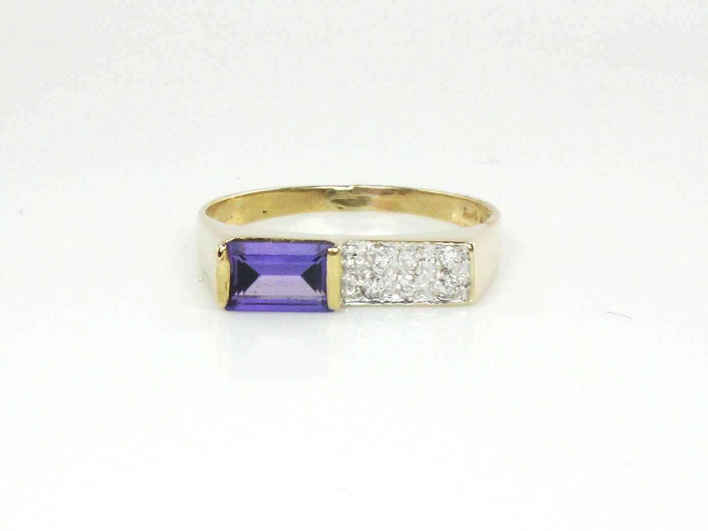 Vintage 14k Yellow Gold Rectangle Cut Purple Sapphire and Diamond Ring - Circa 1970's Size 5.25
