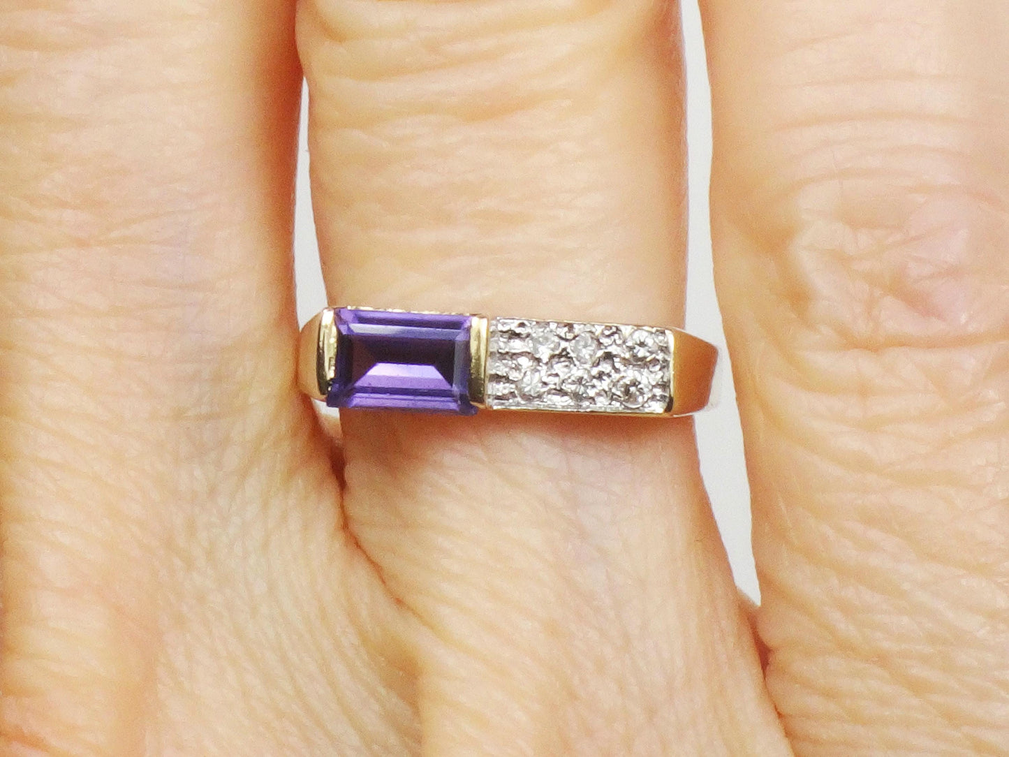 Vintage 14k Yellow Gold Rectangle Cut Purple Sapphire and Diamond Ring - Circa 1970's Size 5.25