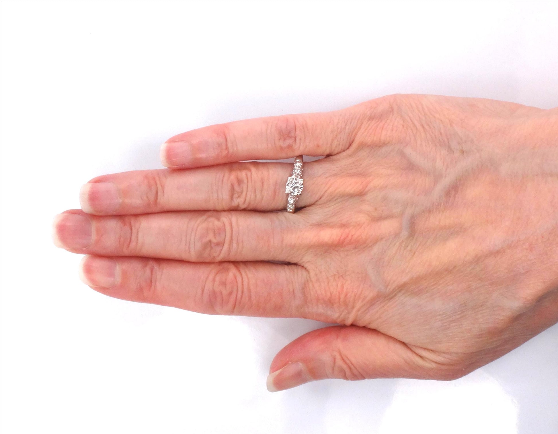 Vintage 14k White Gold Engagement Ring - Natural Round Brilliant Diamond Approximately .25 Carats TDW - Circa 1950's - Size 7.25