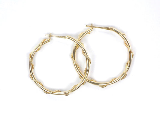 14k Yellow Gold Round Twist Hoop Earrings, Vintage 1 3/16" Hoops