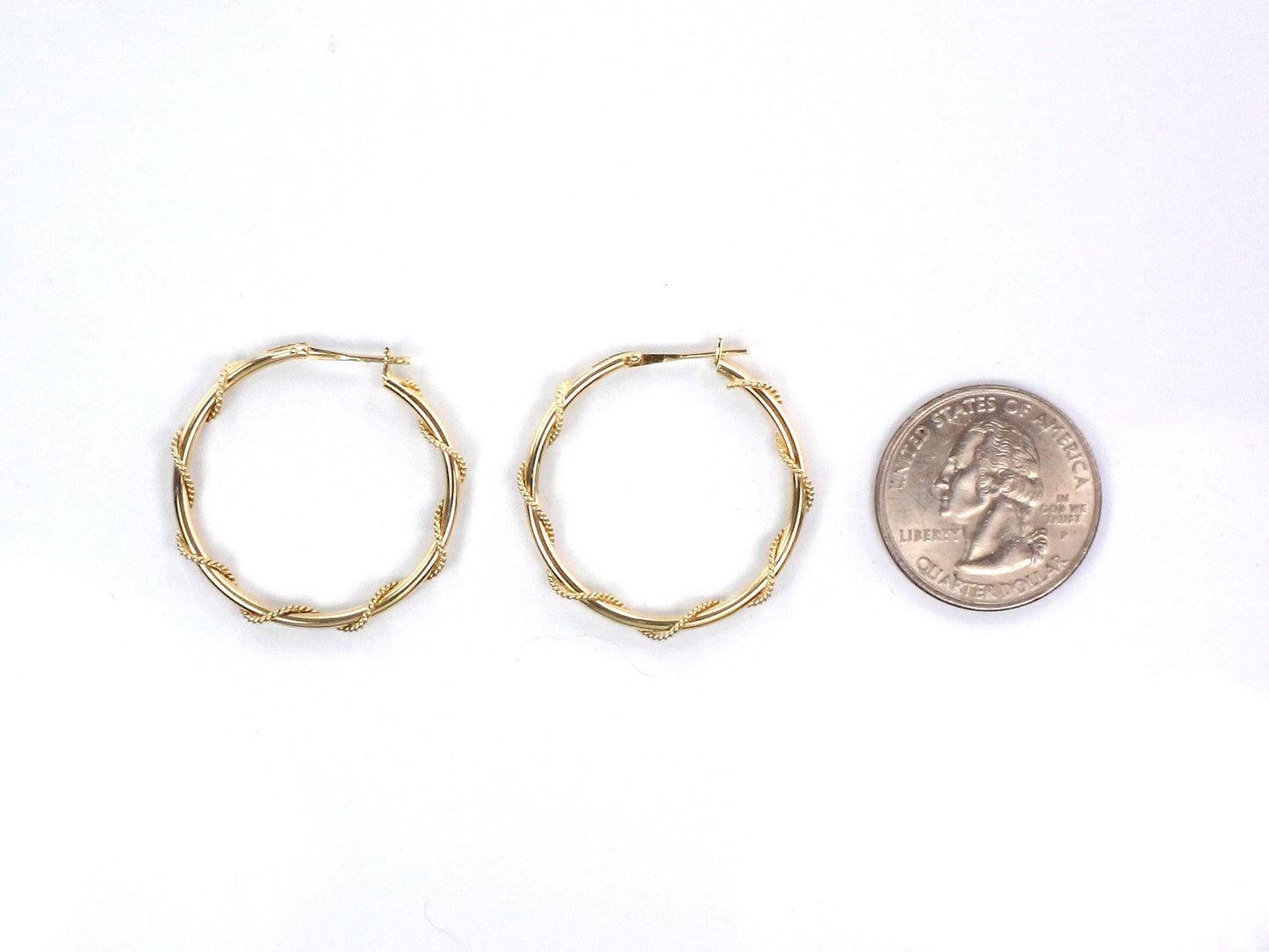 14k Yellow Gold Round Twist Hoop Earrings, Vintage 1 3/16" Hoops