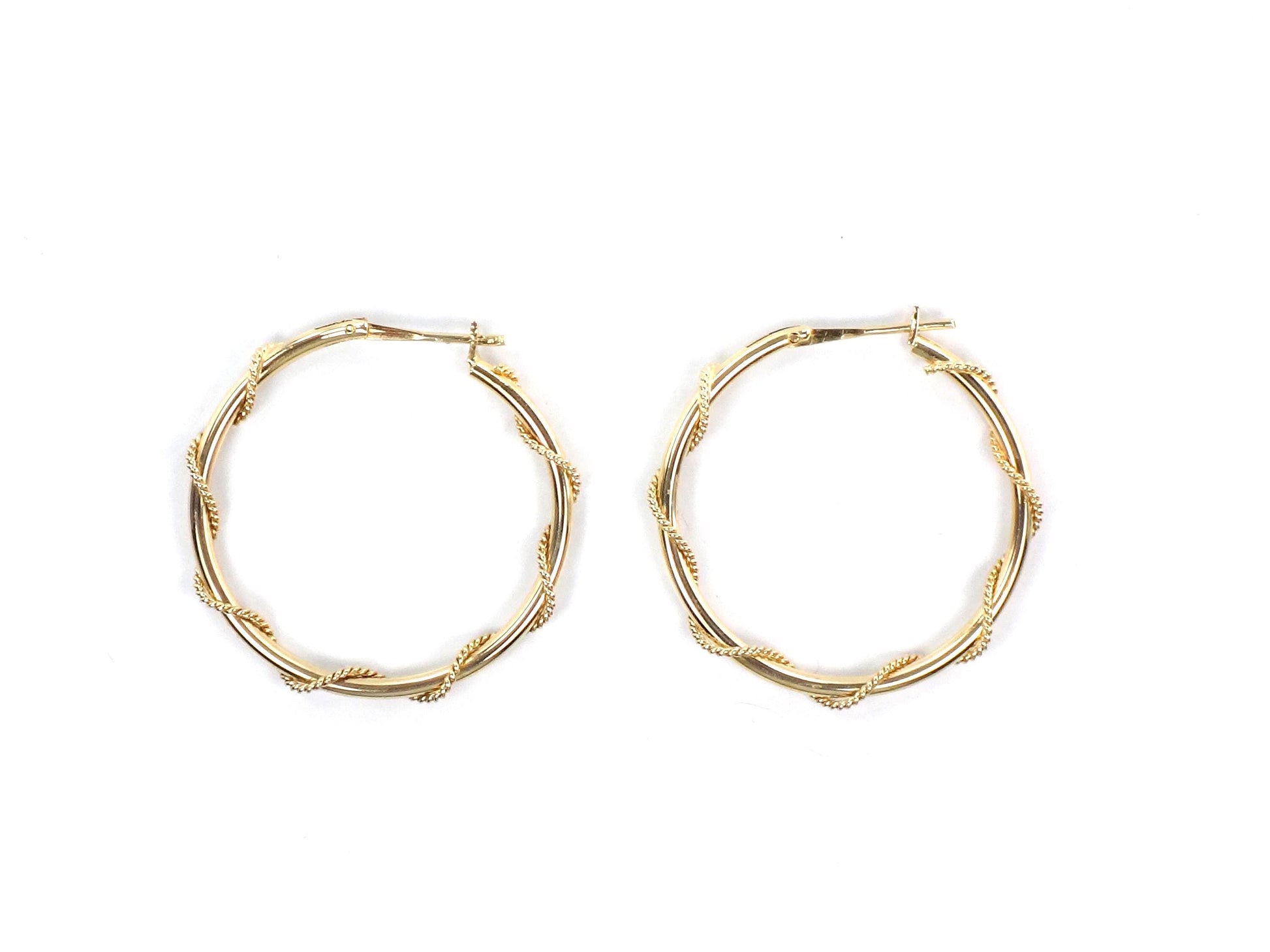 14k Yellow Gold Round Twist Hoop Earrings, Vintage 1 3/16" Hoops