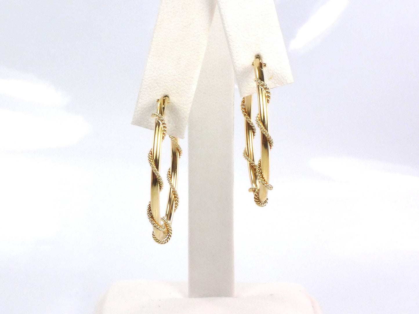14k Yellow Gold Round Twist Hoop Earrings, Vintage 1 3/16" Hoops