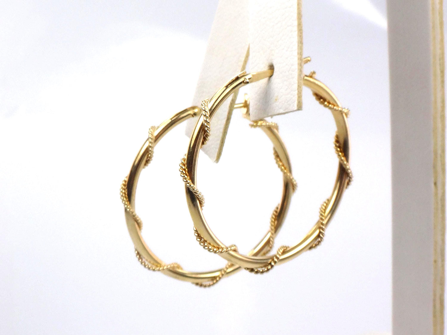 14k Yellow Gold Round Twist Hoop Earrings, Vintage 1 3/16" Hoops
