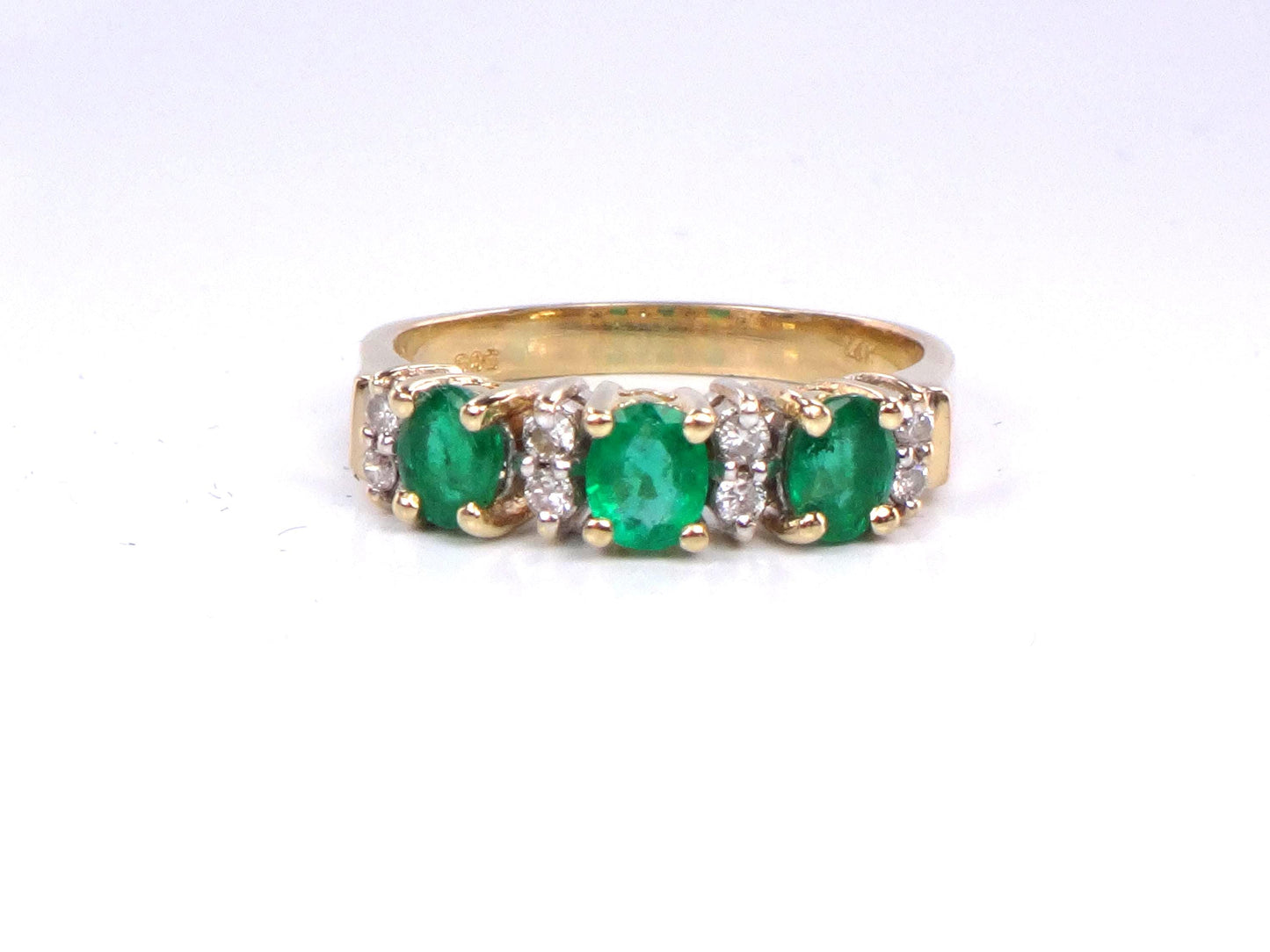 14k Genuine Emerald and Diamond Ring - Vintage Yellow Gold Three Stone Band - Size 5.25 - May Birthstone