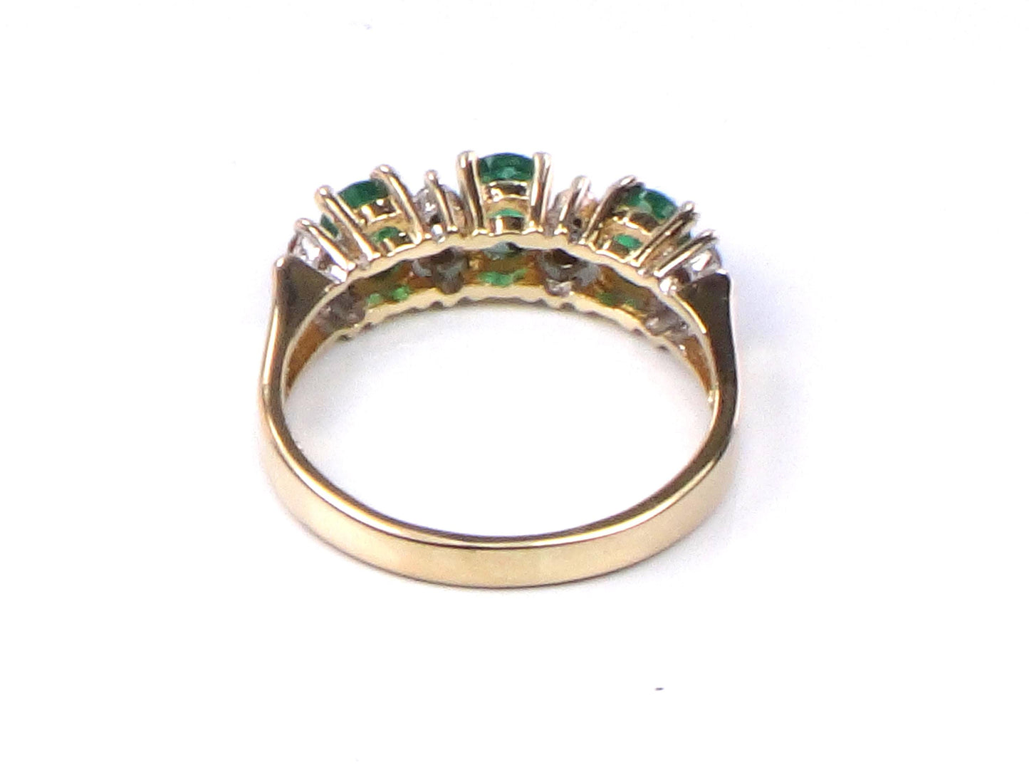 14k Genuine Emerald and Diamond Ring - Vintage Yellow Gold Three Stone Band - Size 5.25 - May Birthstone