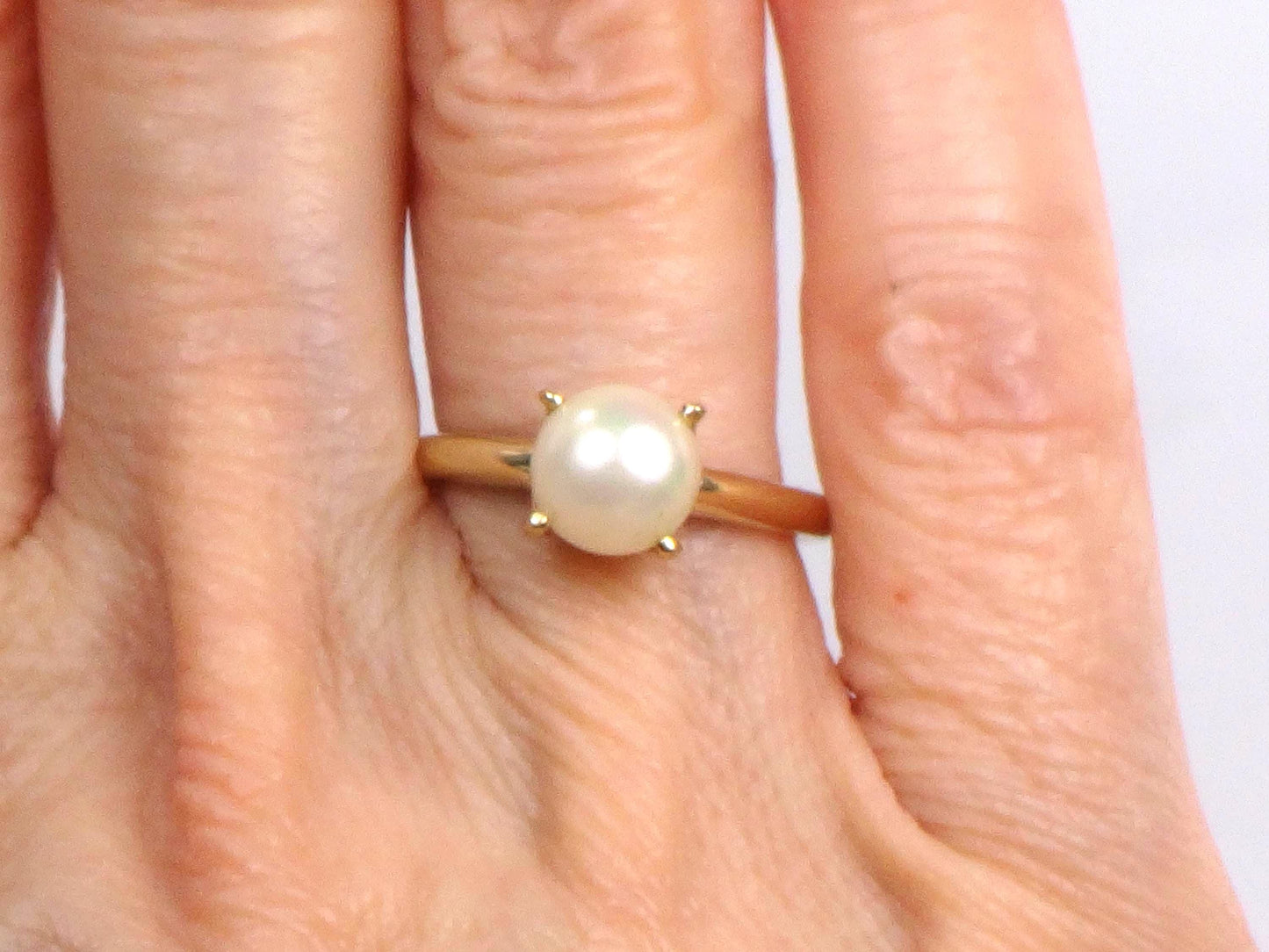 14k Pearl Ring - Vintage Yellow Gold 8 MM White Cultured Pearl Ring - June Birthstone - Size 5.75 - Circa 1960's