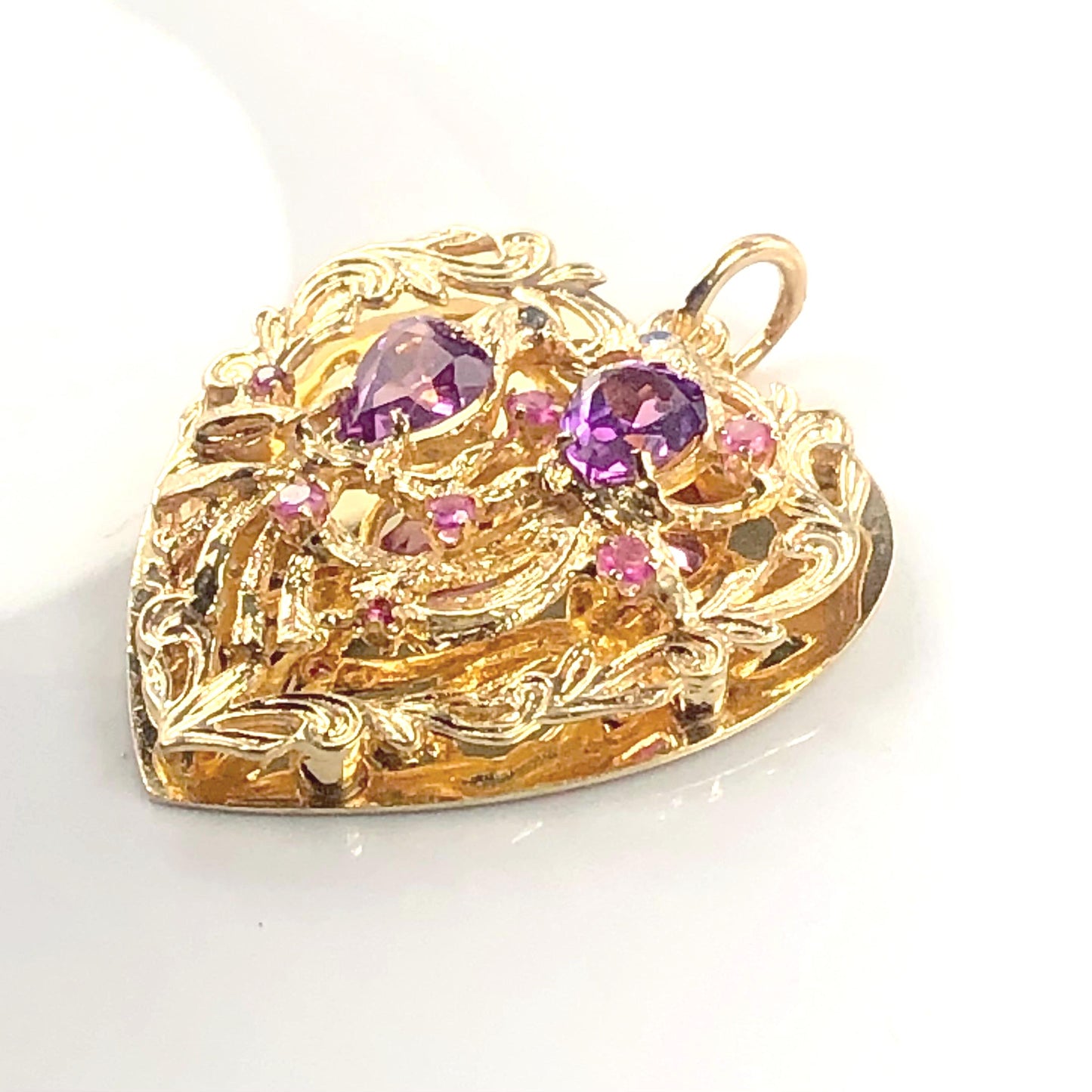 Vintage Large 14k Gold Jeweled Love Birds Heart Pendant with Purple Sapphires and Rubies, 3-D Charm