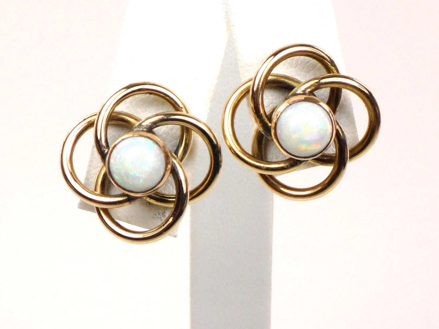 Vintage 14k Gold Natural Opal Lovers Knot Earrings, Yellow Gold Large Circle Stud Earrings